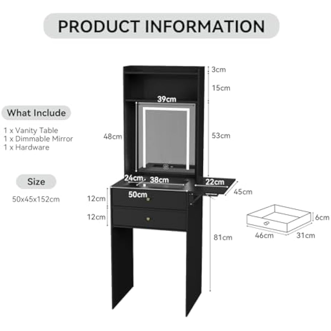 YOURLITE Dressing Table with LED Lights, Vanity Table with Adjustable Brightness Mirror, Glass Tabletop Makeup Desk with 2 Drawers & shelves, Small Compact Black Makeup Table with Fold-up Panel