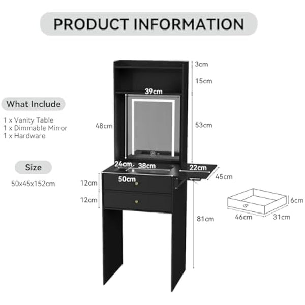 YOURLITE Dressing Table with LED Lights, Vanity Table with Adjustable Brightness Mirror, Glass Tabletop Makeup Desk with 2 Drawers & shelves, Small Compact Black Makeup Table with Fold-up Panel