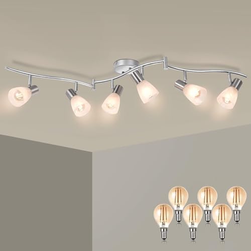 Unikcst Modern LED Ceiling Light Rotatable 6 Way Spotlight Bar Brushed Nickel Spots Fitting for Kitchen Living Room with 6X 4W E14 Bulbs Warm White