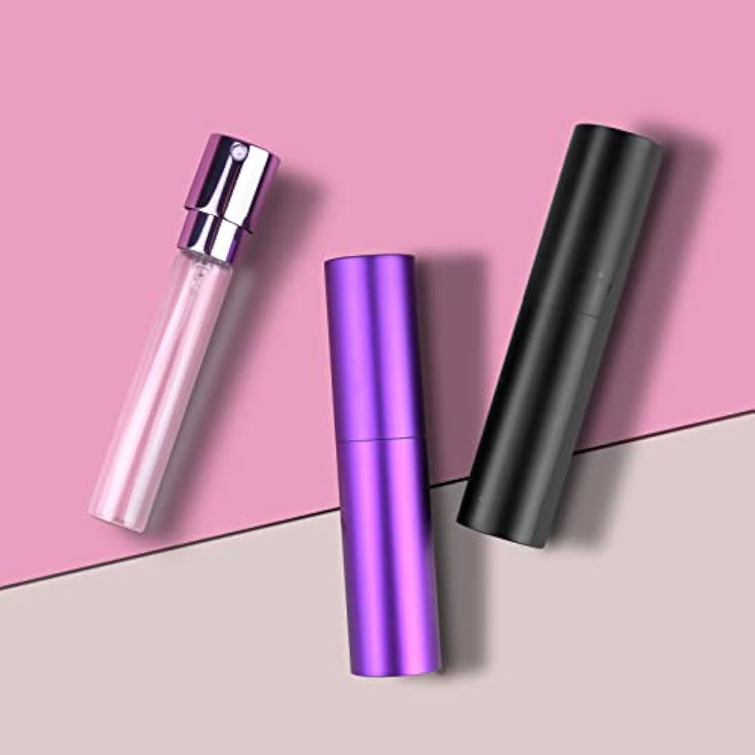 Zingso Refillable Travel Perfume Atomiser Bottles, 2 Pcs 10ml Mini Portable Spray Bottles Refillable Perfume Aftershave Atomiser Empty Travel Bottles with Funnel… (10ml (Black+Dark Purple))