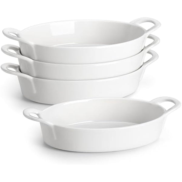 MALACASA Oval Ceramic Oven Baking Dishes, Ideal for Lasagne, Shepherds Pie and More - Small Pie Dish, Set of 4, 22 OZ, White, Oven Safe