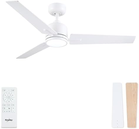 Newday 48 inch White Ceiling Fan with Lights and Remote Control, Quiet Ceiling Fan with Stepless Dimmable LED, Reversible DC Motor, 6 Speeds, 3 Timer, Memory Function for Bedroom Living Room Terrace