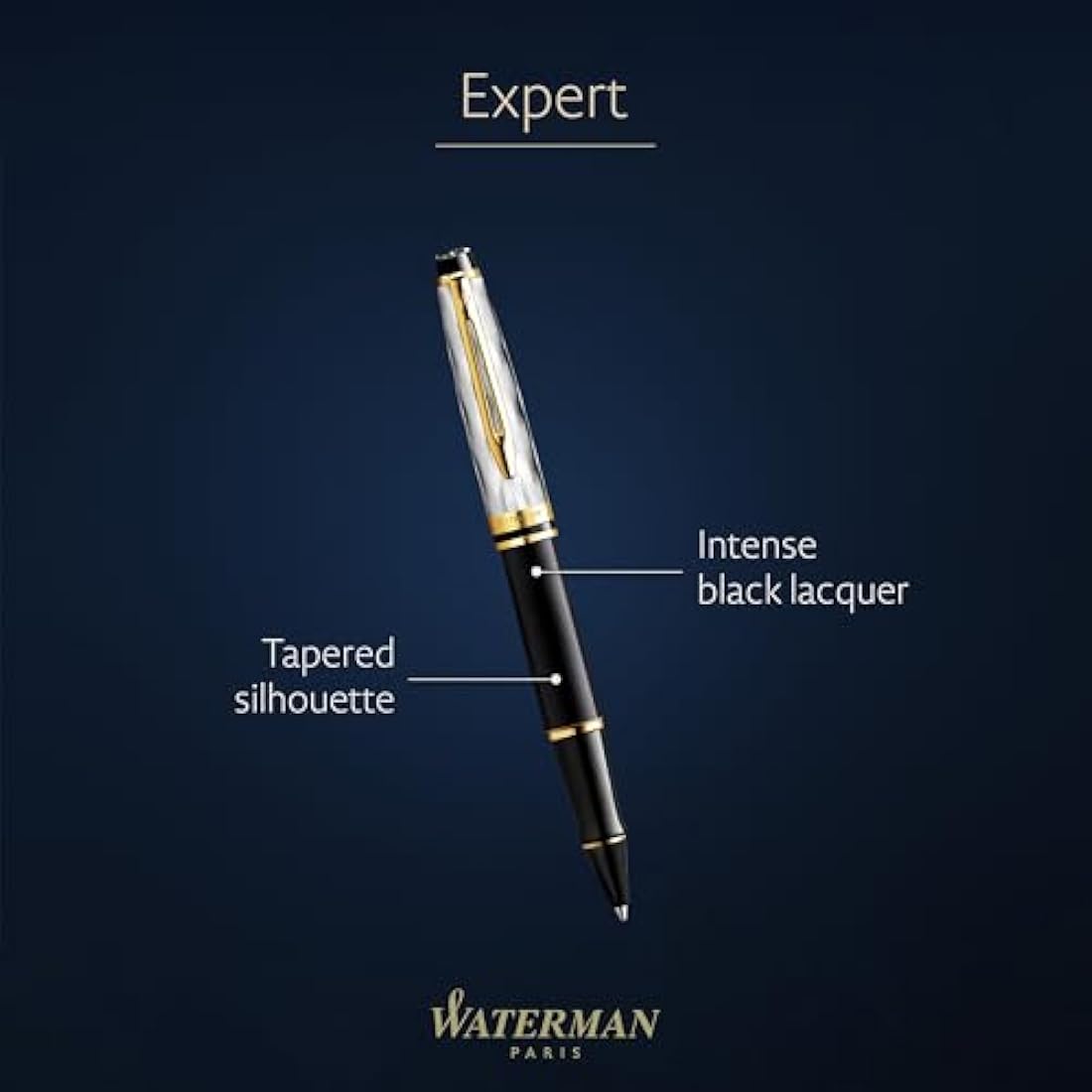 Waterman Expert | Rollerball Pen | Metal & Black Lacquer with Gold trim & Chiselled cap | Fine tip | Black Ink | Gift Box