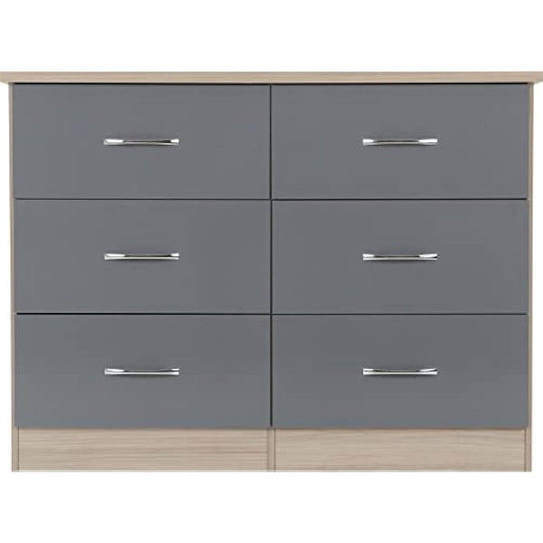 Seconique Nevada 6 Drawer Chest in Grey Gloss/Light Oak Effect Veneer