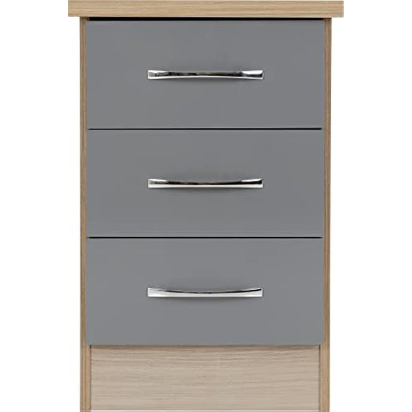 Seconique Nevada 3 Drawer Bedside in Grey Gloss/Light Oak Effect Veneer