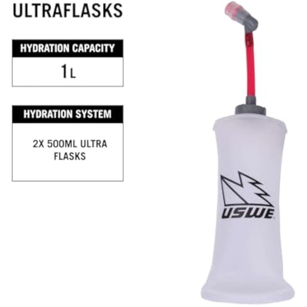 USWE Pace 2L Running Vest Hydration Pack with 2 x 500ml UltraFlask, Backpack for Men and Women, White Black, L-XL