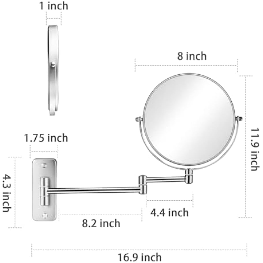 AusDaur Wall Mounted 10X Magnifying Makeup Mirror 8" Double-Side With Extension Arm 360 Swivel for Bathroom and Hotel - Chrome
