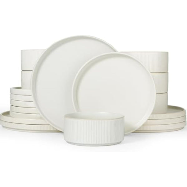 Richmount Star Plates and Bowls Set, 18 Pieces Dinner Sets for 6 People, Stoneware Dinnerware Sets with Dinner Plates/Salad Plate/Cereal Bowls, Dishwasher & Microwave Safe, Matte White