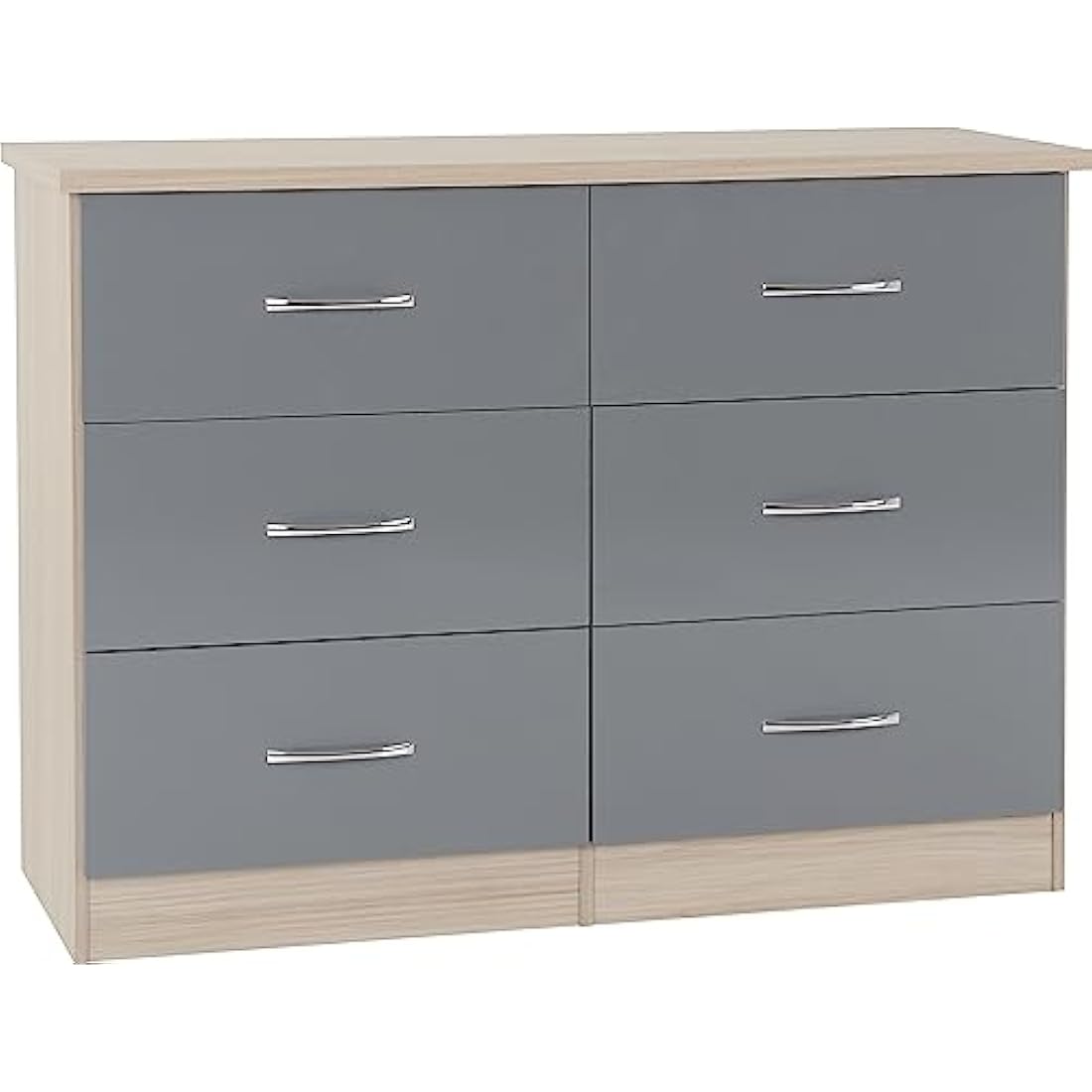 Seconique Nevada 6 Drawer Chest in Grey Gloss/Light Oak Effect Veneer