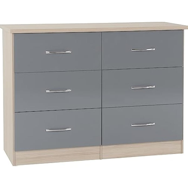 Seconique Nevada 6 Drawer Chest in Grey Gloss/Light Oak Effect Veneer