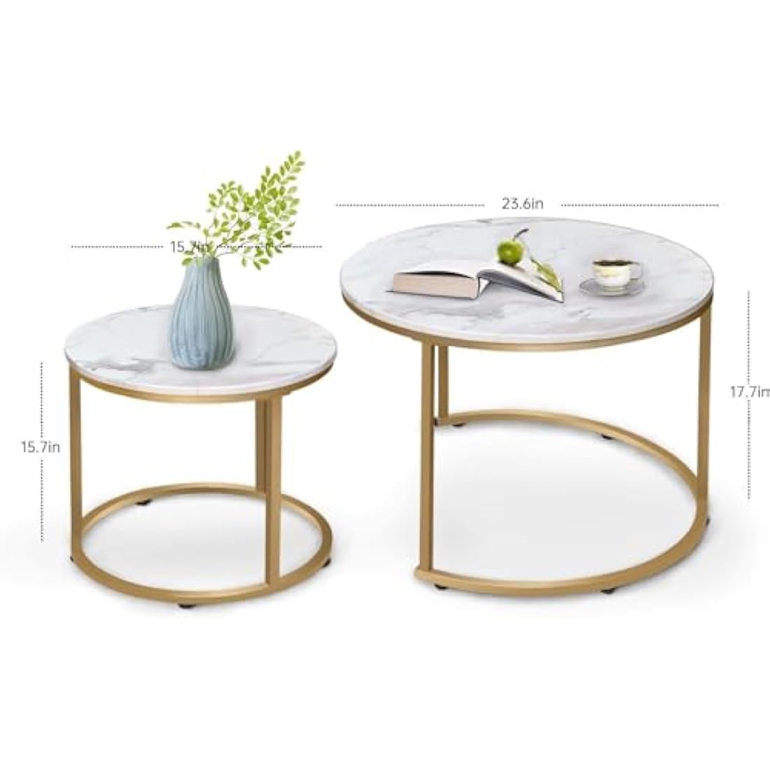 Huhote Round Coffee Tables, Set of 2 End Table, Nesting Tables, Side Table with Metal Frame for Living Room/Bedroom/Balcony/Office/Apartment, Diameter 23.6/15.7 IN (Gold Frame, White Marble Top)
