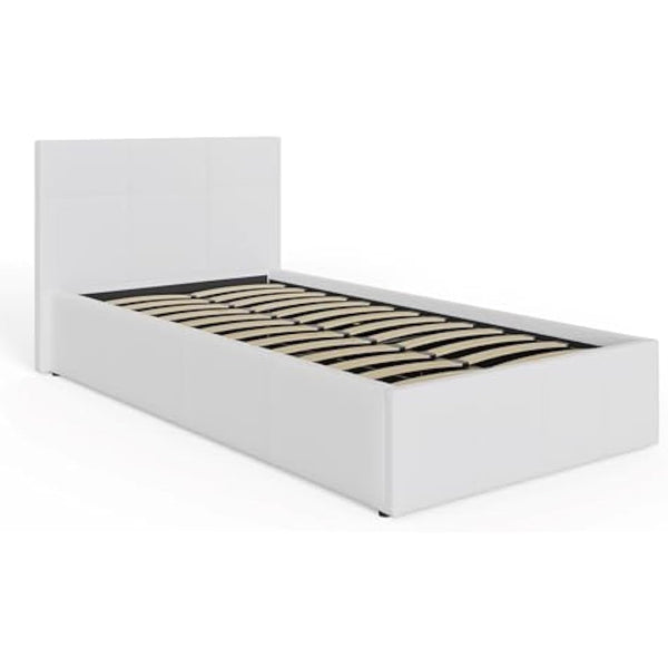 GFW Classic Leather Upholstered Ottoman Storage Bed With Gas End Lift & Under Bed Storage, Single, Faux Leather, White