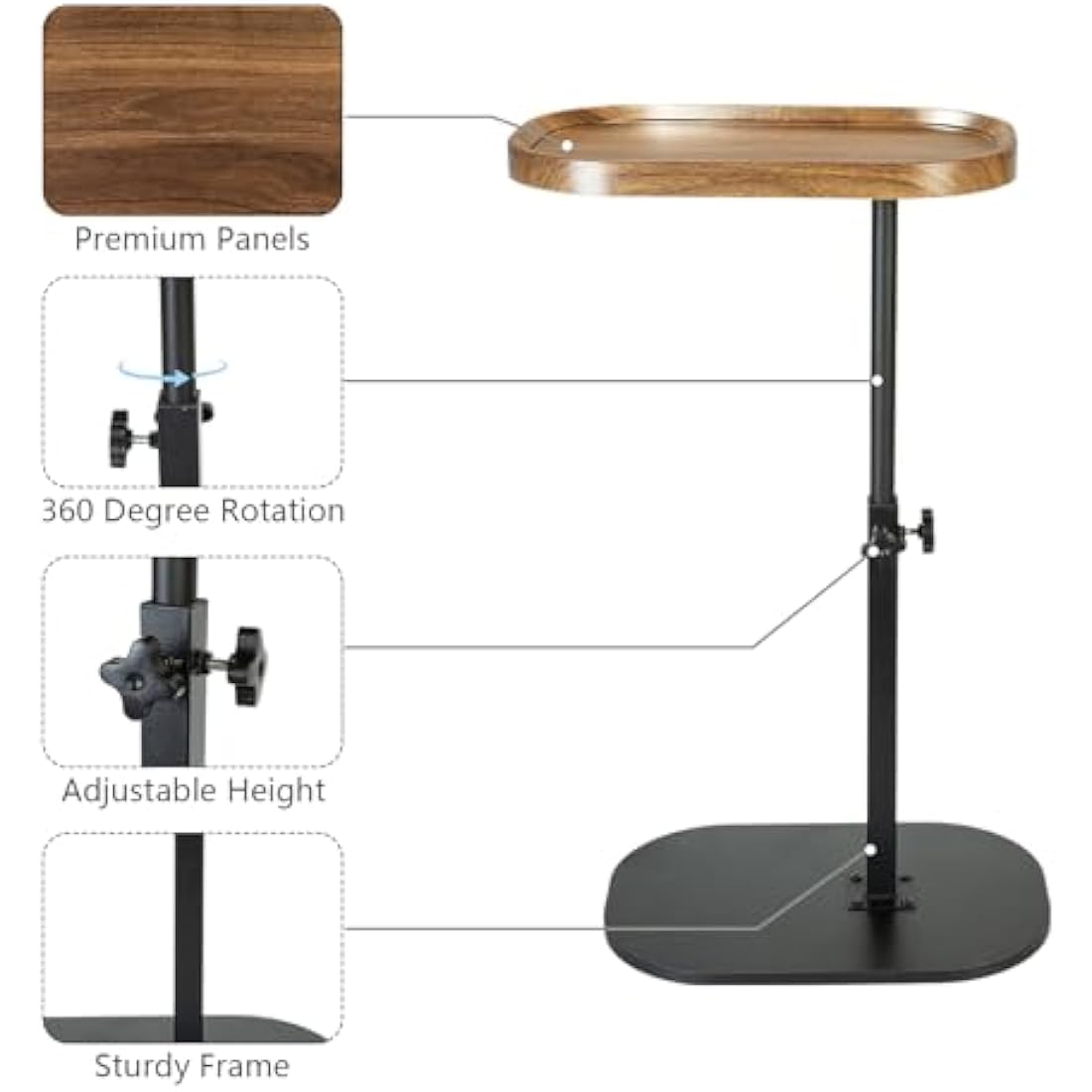 XUDREZ Adjustable C Shaped Side Table, 360°Swivel C Shaped End Table, Couch Side Tables That Slide Under, Modern Small Coffee Table for Sofa/Bed/Bathtub, Rotating Tabletop (Walnut Color)