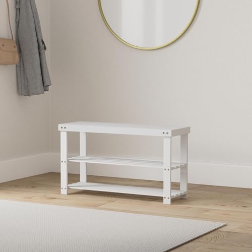 SMIBUY Bamboo Shoe Rack Bench, 3-Tier Shoe Organizer Storage Shelf for Entryway Hallway Bathroom Living Room (White)