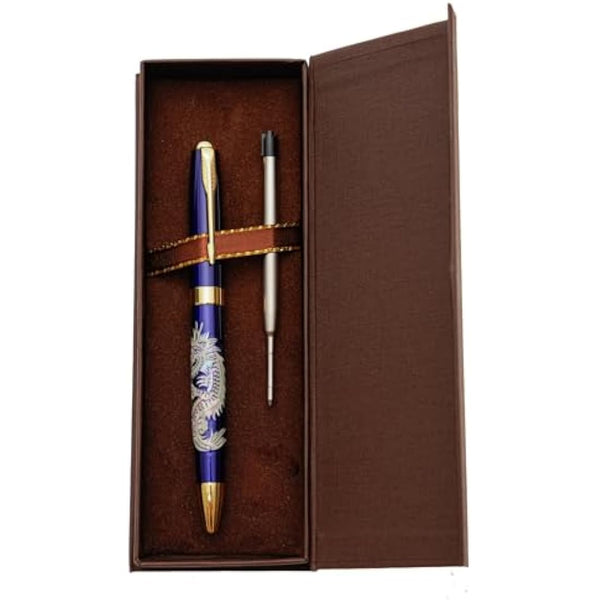 February Mountain Mother of Pearl Ballpoint Pen, Retractable Ballpoint Pens, for Gift, Business, Office, 1.0mm Medium Point Black Ink, Extras Replaceable Metal Refills (Dragon-Blue-Black Ink)