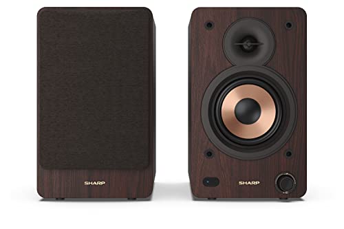 Sharp CP-SS30(BR) 60W RMS (2x 30W) 2-way Active Bookshelf Speakers - Wireless Studio Monitors with Bluetooth v5.0 Audio Streaming, USB Playback, Optical, AUX & RCA input - Brown