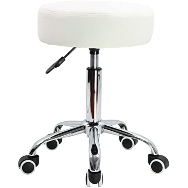 KKTONER Round Rolling Stool Chair PU Leather Height Adjustable Shop Stool Swivel Drafting Work SPA Salon Stools with Wheels Office Chair (White)