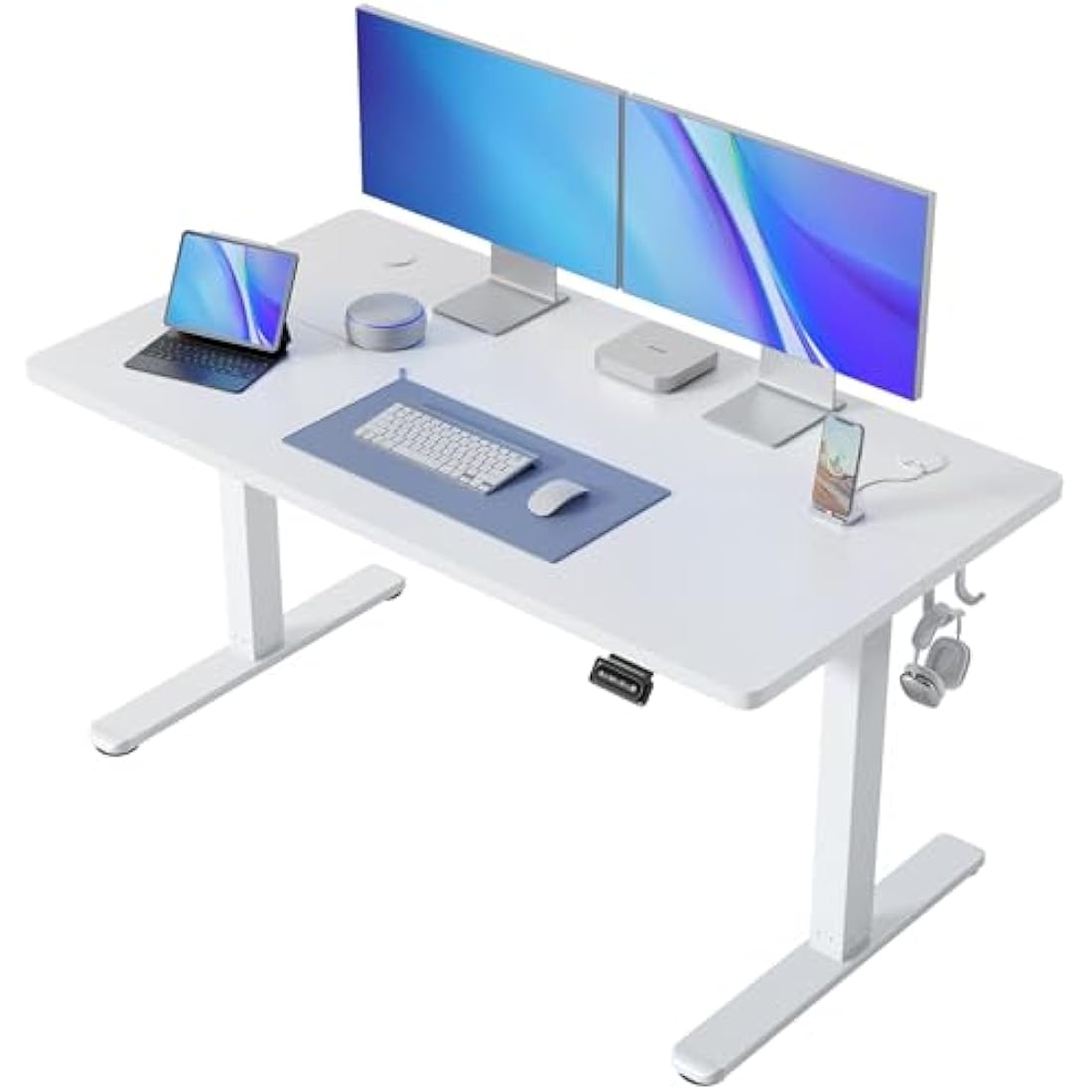 FEZIBO Electric Height Adjustable Standing Desk, 60x140cm Ergonomic Home Office Table with Splice Board & White Wood Grain Surface, Upgraded Stable Steel Frame for Sit-Stand Workstation