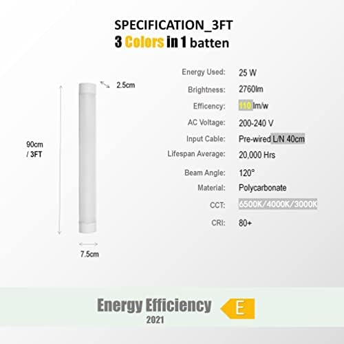 Sundertech 3FT 90cm [Set of 2= 6FT 1.8m] LED Batten Light 25w 2760LM (3000K/4000K/6500K 3cct in 1) Selectable Wall Ceiling Mount (3FT 90cm* 2 Packs)