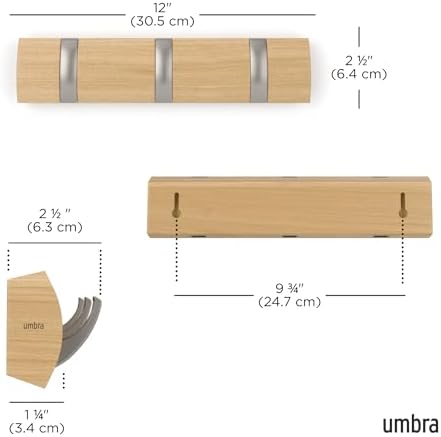 Umbra Flip 3-Hook Wall Mounted Coat Rack, Modern, Sleek, Space-Saving Coat Hanger with 3 Retractable Hooks to Hang Coats, Scarfs, Purses and More, Natural