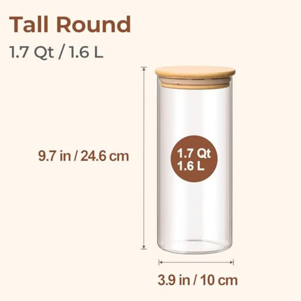 ComSaf 1.6L Glass Storage Containers with Lids, Glass Jars with Bamboo Lids, Clear Food Storage Jar, Round Canister Set of 3, Pantry Organizers and Storage for Pasta Flour Rice Tea Coffee Bean