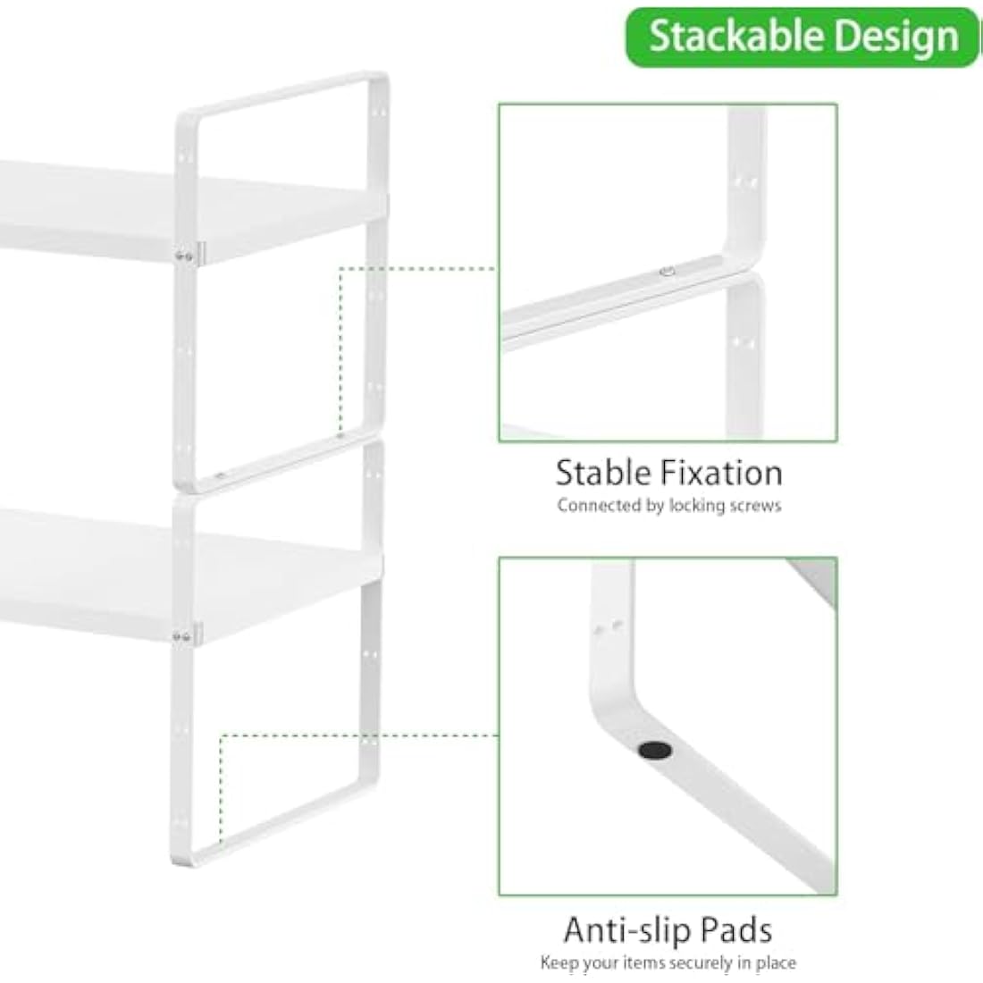 ARCCI Expandable Kitchen Cabinet Shelf Organizers, Stackable Metal Pantry Storage Shelves Rack, Adjustable Counter Spice Shelf for Cabinets, Countertop, Cupboard Organizers and Storage, White