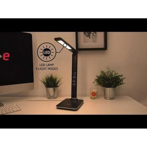 groov e Ares LED Lamp - Touch Control Desk Light with Fold Design - 3 Lighting Modes, Built-in Wireless Charger, Alarm Clock, & Digital Display with Time & Calender - Mains Operated - Black