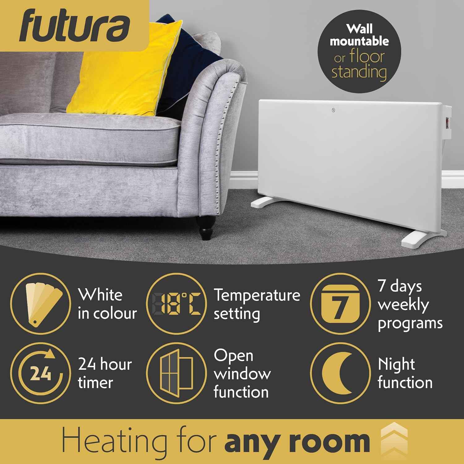 2000W White Electric Radiator Heater with Thermostat Wall Mounted Futura