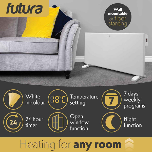 2000W White Electric Radiator Heater with Thermostat Wall Mounted Futura