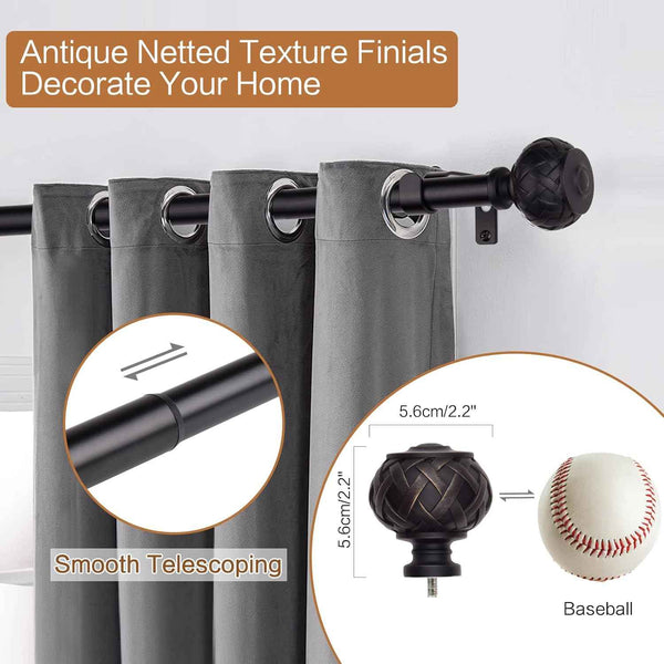 3pcs SZXIMU Curtain Pole 182-365cm (72-144''), Extendable, Netted Finials, Black