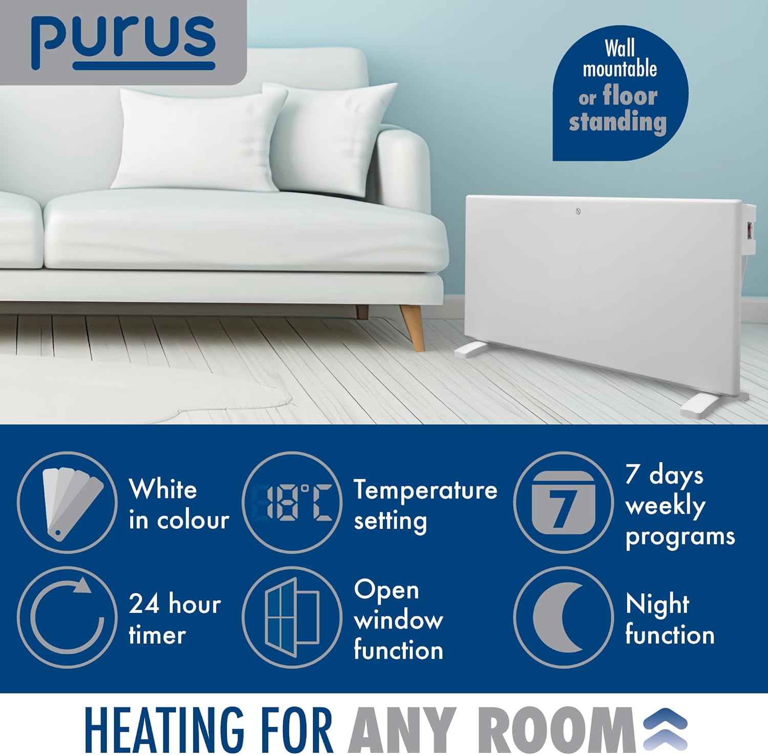 1800W White Electric Radiator Heater with Thermostat Wall Mounted Purus