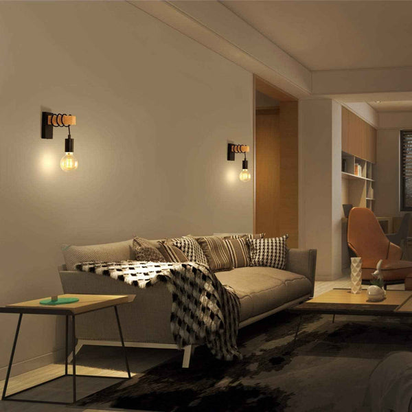 Wooden Wall Light 2 Pack Vintage Industrial E27 Rustic Sconce Black Lightess