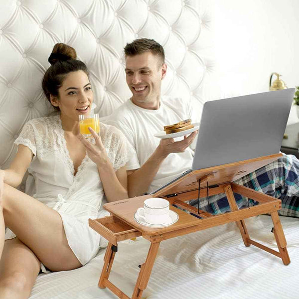Bamboo Folding Laptop Desk – Adjustable Bed Tray with Drawer, Cup Slot & Vent