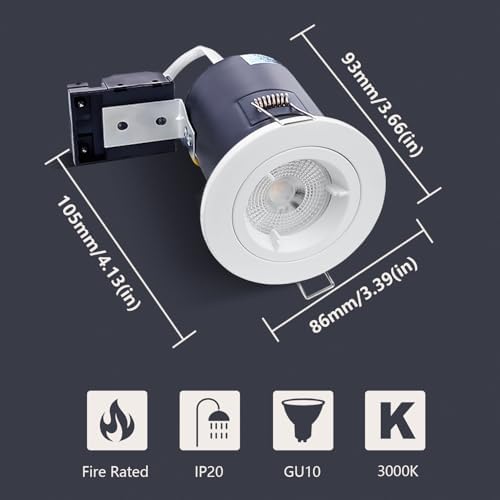 4XSweier 90 Minute Fire Rated LED Downlights,IP20 GU10 LED Recessed Ceiling Lights, Fire Rated Spotlight with 5W 6000K Cool White Bulb, White(Non-Dimmable)