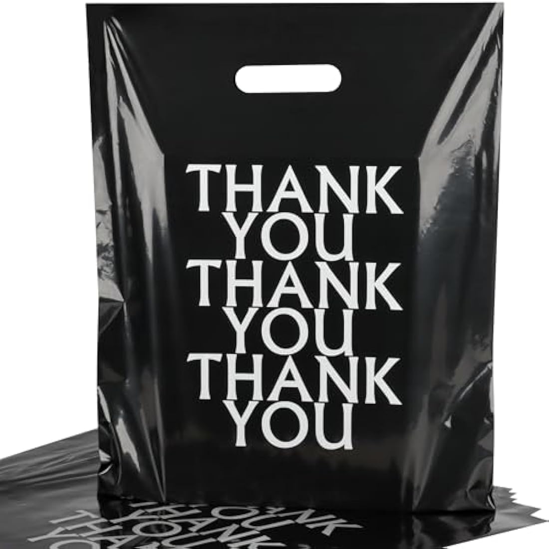POPGIFTU 100 Pack Thank You Carrier Bags Black - 30x38cm Merchandise Retail Plastic Carrier Bags with Handles for Shopping, Gifts, Boutique, Stores, Business, Market Stall, Trade Shows, Wholesale
