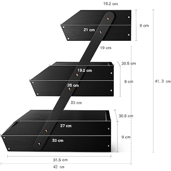 CALM COZY Bamboo Fruit Basket, 3-Tier Fruit Rack Holder Organiser for Countertop, Decorative Fruit Bowl Vegetables Bread Storage Stand for Kitchen, Black