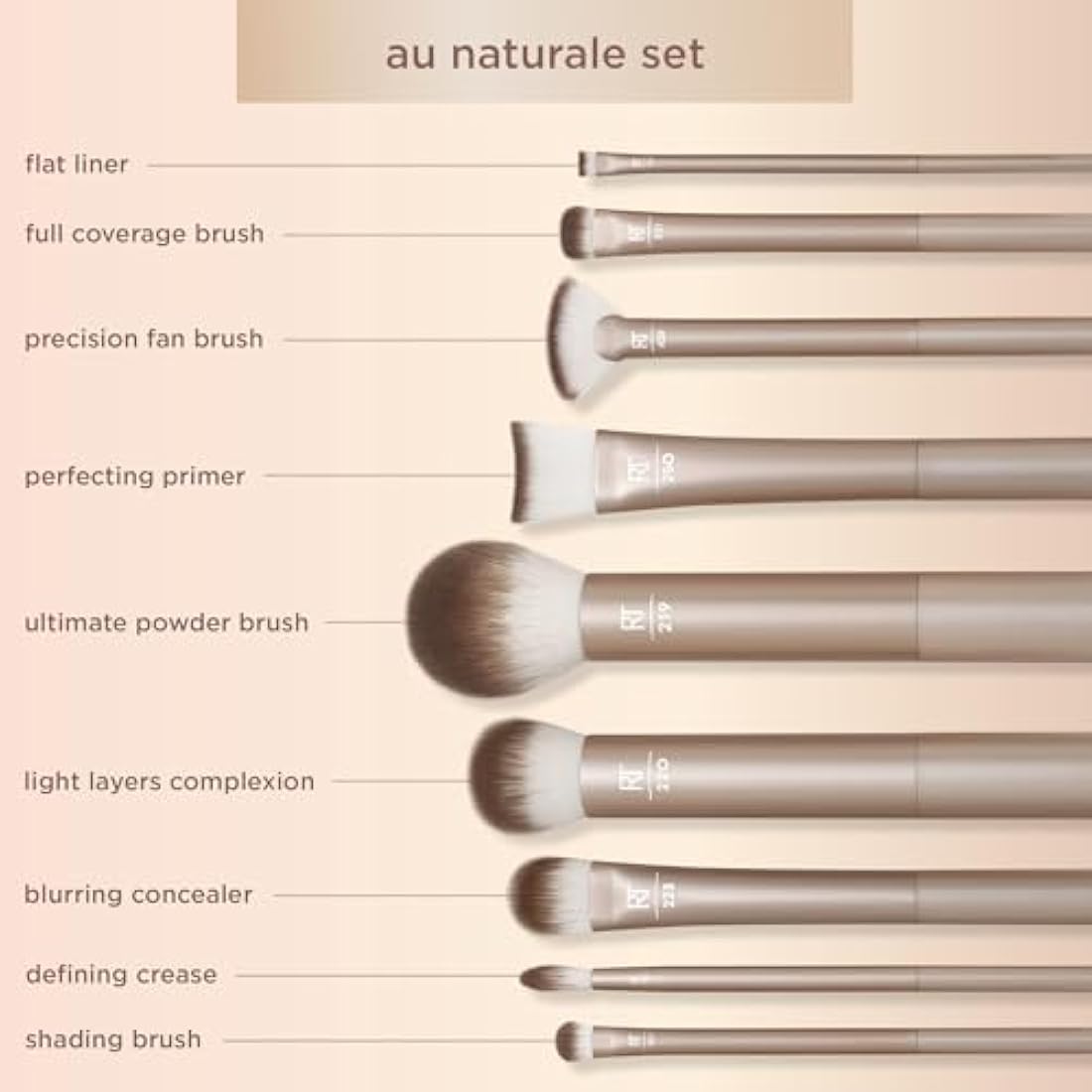 REAL TECHNIQUES Au Naturale Makeup Brush Kit, For Foundation, Powders, and Concealers, Premium Quality Face Brushes, 9 Piece Set, Gold