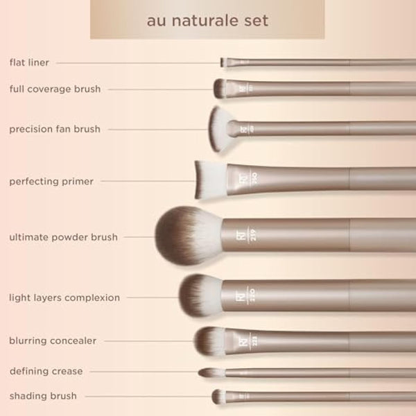 REAL TECHNIQUES Au Naturale Makeup Brush Kit, For Foundation, Powders, and Concealers, Premium Quality Face Brushes, 9 Piece Set, Gold