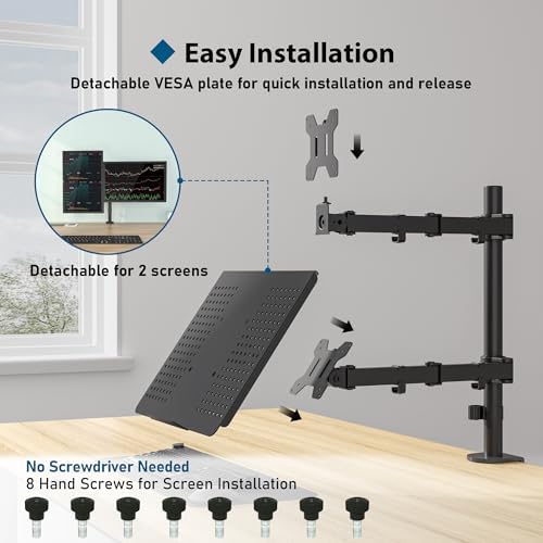 BONTEC Monitor Arm with Laptop Tray, Laptop Desk Mount for 13-27 Inch Screen and 17 Inch, Height Adjustable Full Motion VESA Mount, Tilt Swivel 360° Rotation, Cable Management Included