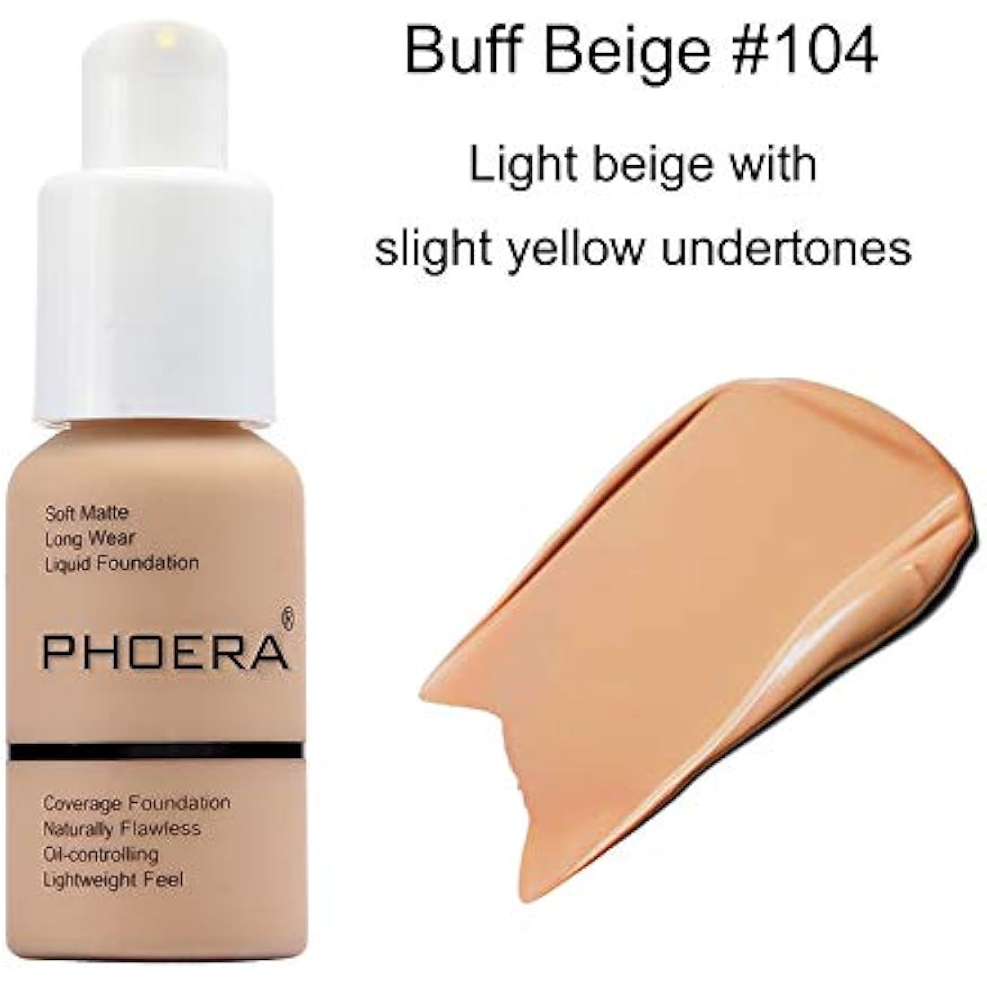 ABRUS® - PHOERA Foundation, Full Coverage Foundation, Soft Matte, Oil Control Concealer, Foundation Makeup Flawless Cream Smooth Long Lasting 24HR Waterproof and Blendable 30ml (#104 Buff Beige)