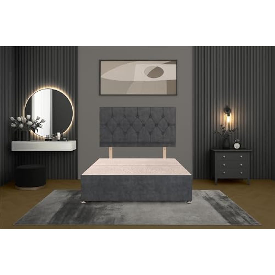 Bed Centre Charcoal Plush Fabric Divan Base Plus Matching Headboard3ft 4ft 4ft6 5ft 6ft (4FT (Small Double))