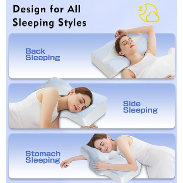 Memory Foam Neck Support Pillow for Neck and Shoulder Pain Sleeping with Cooling Pillowcase: Ergonomic Cervical Pillow 5X Pain Relief - Contour Bed Bolster Pillows for Side Back Stomach Sleepers