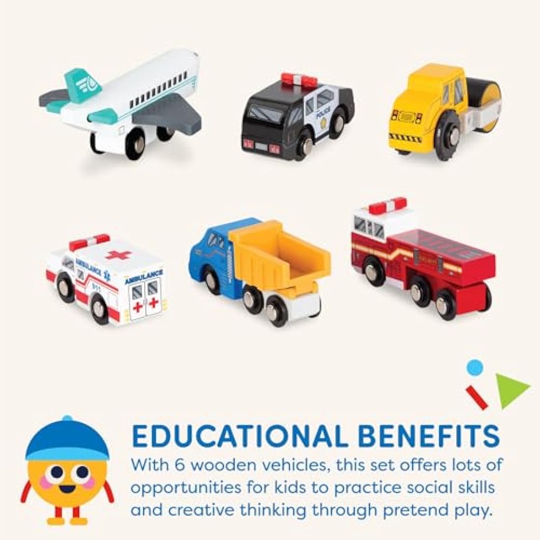 Battat – Miniature Toy Cars – 6 Pieces Wooden Minis – Classic Rescue & Construction Vehicles – Steamroller, Dump Truck – 3+ Years– Wooden Vehicles Set 2