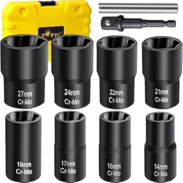 Topec Bolt Extractor Set, 10 Piece Lug Nut Remover Socket Tool, 1/2" Drive Impact Wheel Lock Removal Kit for Removing Damaged, Dead, Rusted, Rounded-Off Bolts, Lug Nuts & Screws