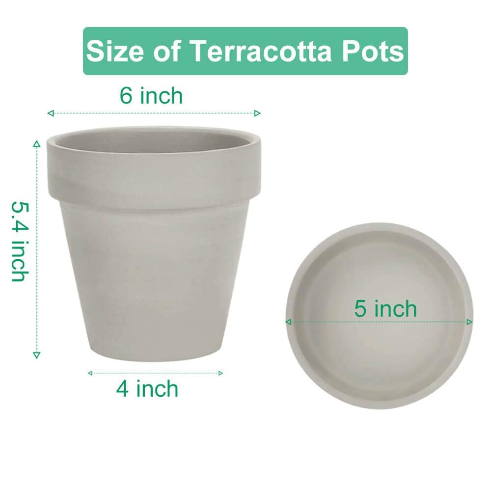 vensovo 15CM Gray Terracotta & Clay Pots for Plant with Saucer - 4 Pack Medium Terra Cotta Planter with Drainage Hole, Flowerpot for Indoor Outdoor