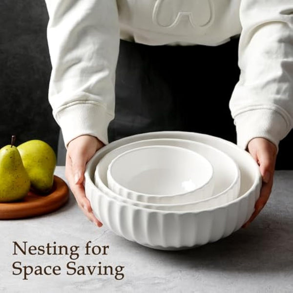 NUTRIUPS Large Serving Bowls, 2.5+1.5+0.7L, Set of 3 Nesting Bowls, 25+20+15cm Bowl for Salad Fruit Pasta