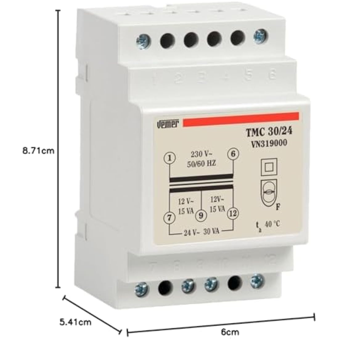 VEMER VN319000 TMC 30/24 Continuous Operation Transformer 230 V/12 – 24 V, Power 30 VA, White