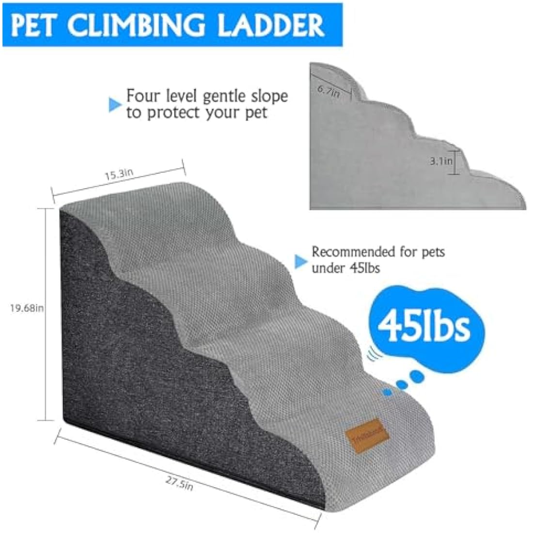 Wide Dog Steps Stairs for Bed 4 Steps 50 cm High for Dogs, Dog Ramp High Density Foam Pet Stairs Washable Cover and Non-Slip Base 40 x 70 x 50CM