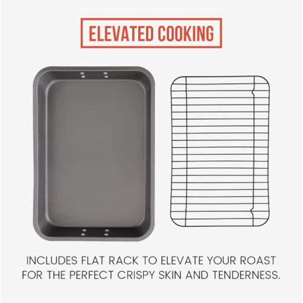 Chef Pomodoro Nonstick Carbon Steel Roasting Pan Roaster with Flat Rack, 16 x 11-Inch (41cm x 28 cm), Large, Grey, Bakeware Rectangular Oven BBQ Baking
