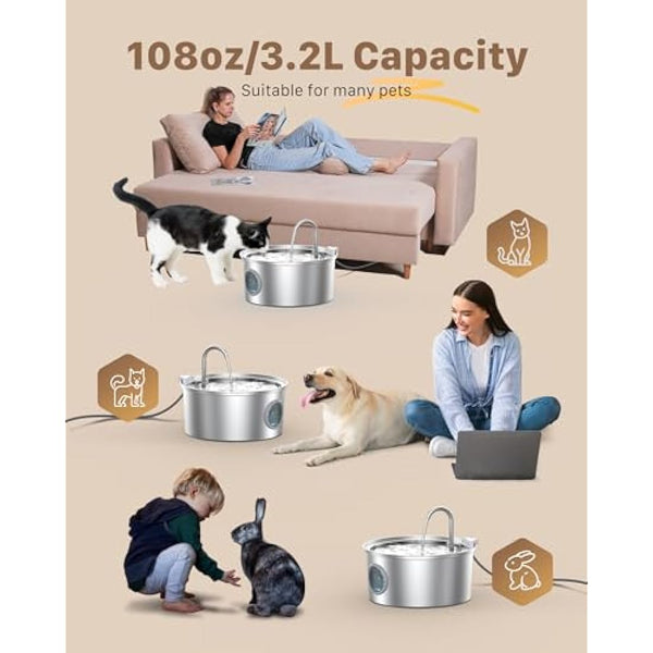 Cat Water Fountain for Drinking: Quiet Cat Water Fountain Stainless Steel - 108oz/3.2L Cats fountains - Pet Waterer Fountains - Vailable for Dogs and Cats